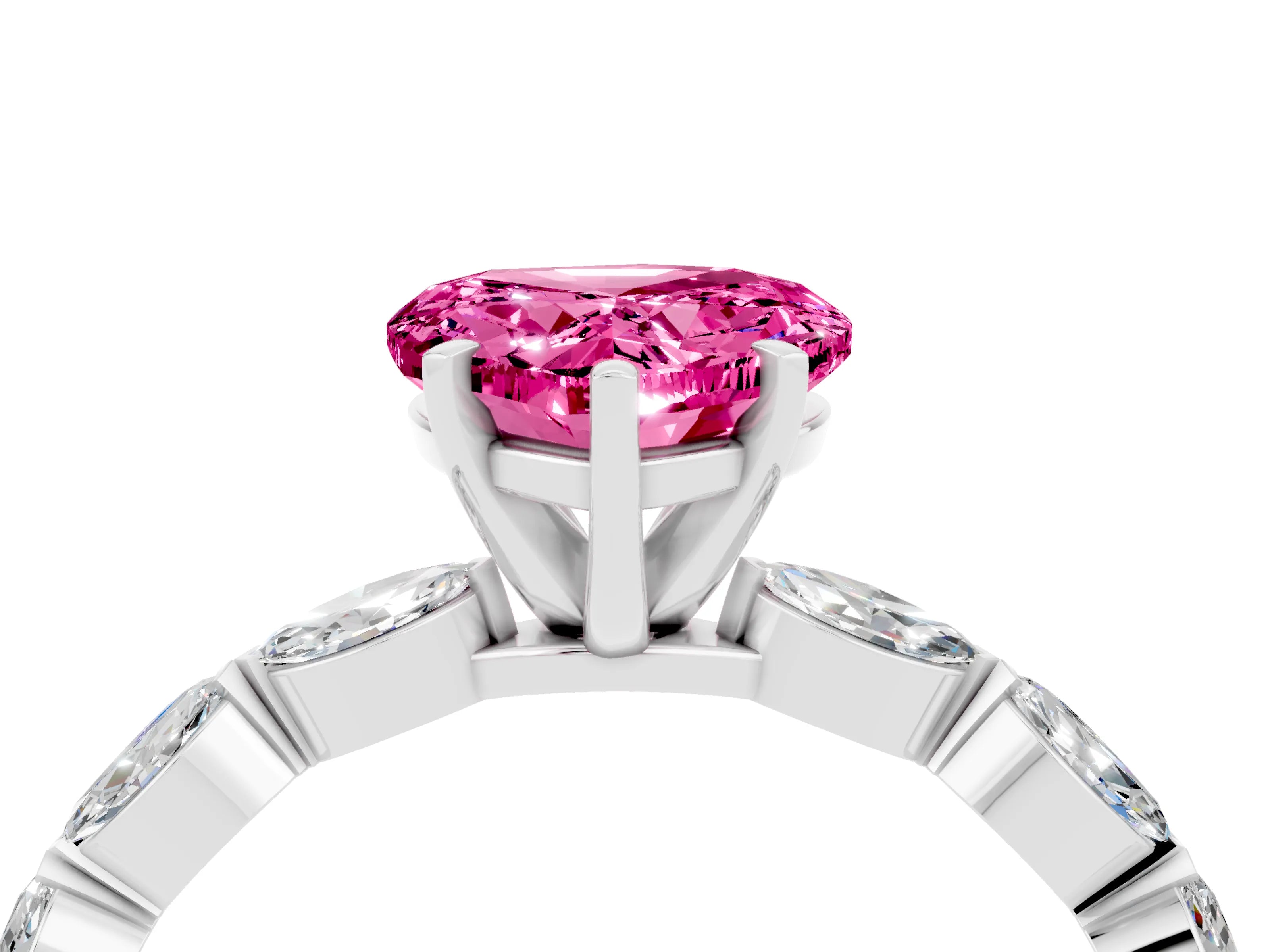 White gold Heart Cut Pink Sapphire Ring with Marquise Side Stones and Prong Setting_16