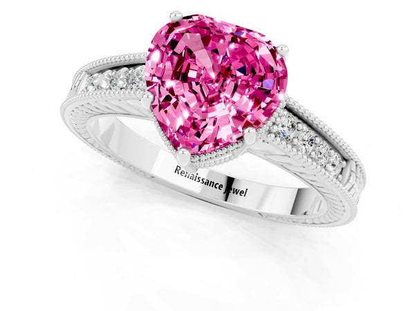 Silver Heart Cut Pink Sapphire Ring with Milgrain Pavé Band and Four-Prong Setting
