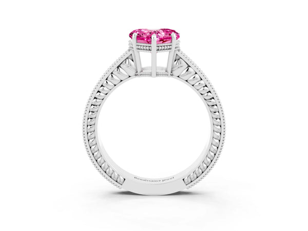 Platinum Heart Cut Pink Sapphire Ring with Milgrain Pavé Band and Four-Prong Setting