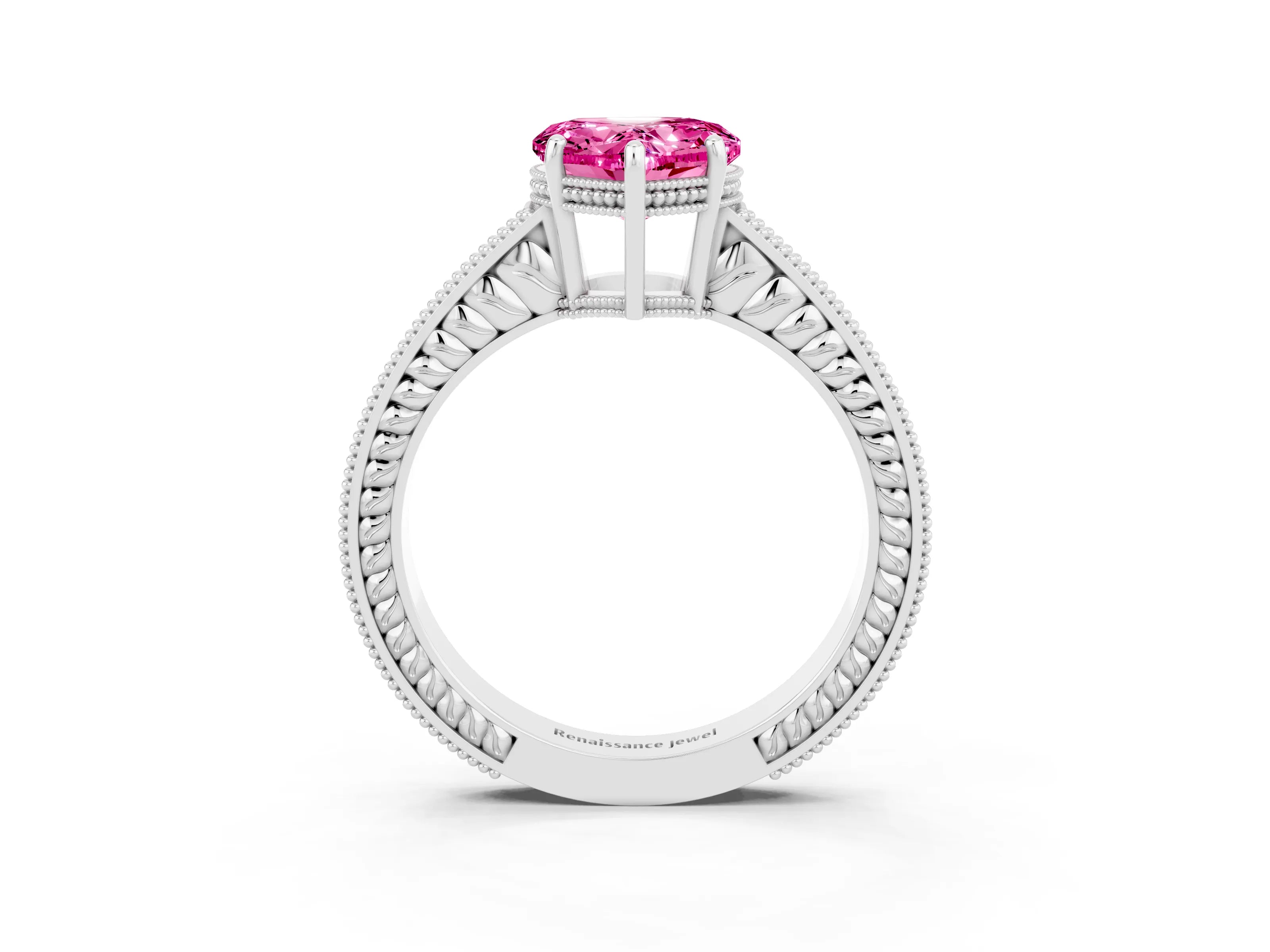 White gold Heart Cut Pink Sapphire Ring with Milgrain Pavé Band and Four-Prong Setting_39