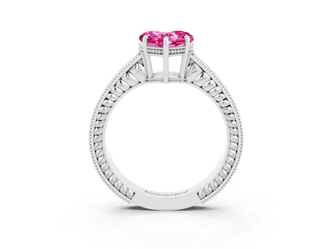 White gold Heart Cut Pink Sapphire Ring with Milgrain Pavé Band and Four-Prong Setting_39