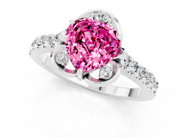 Platinum Heart Cut Pink Sapphire Ring with Pavé Band and Floral Prong Setting