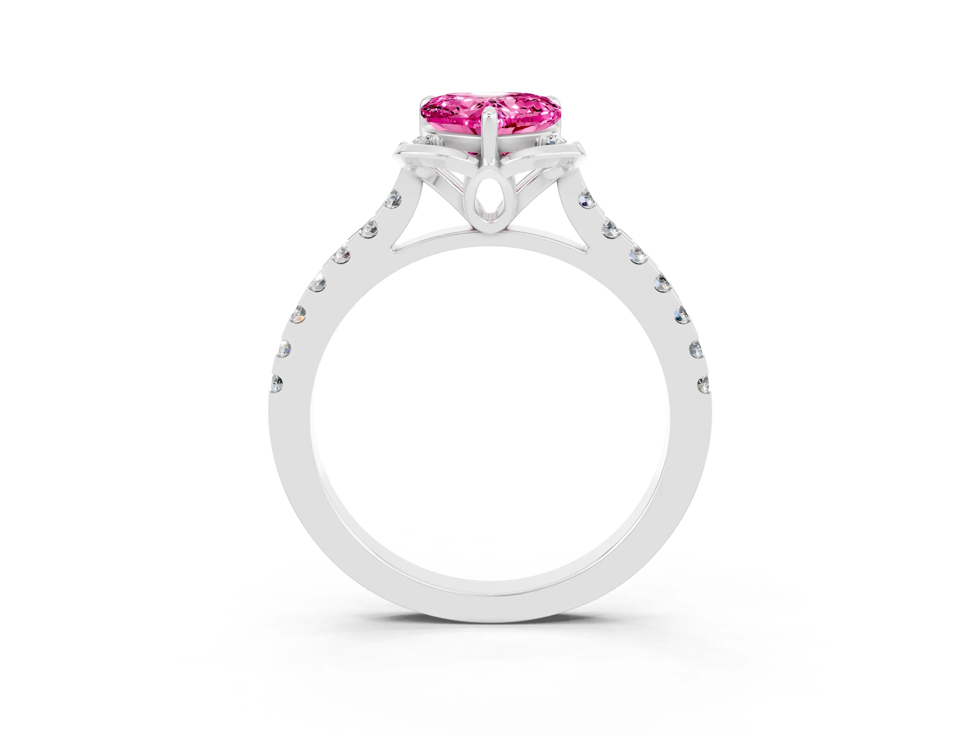 White gold Heart Cut Pink Sapphire Ring with Pavé Band and Floral Prong Setting_3