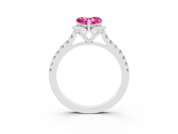 White gold Heart Cut Pink Sapphire Ring with Pavé Band and Floral Prong Setting
