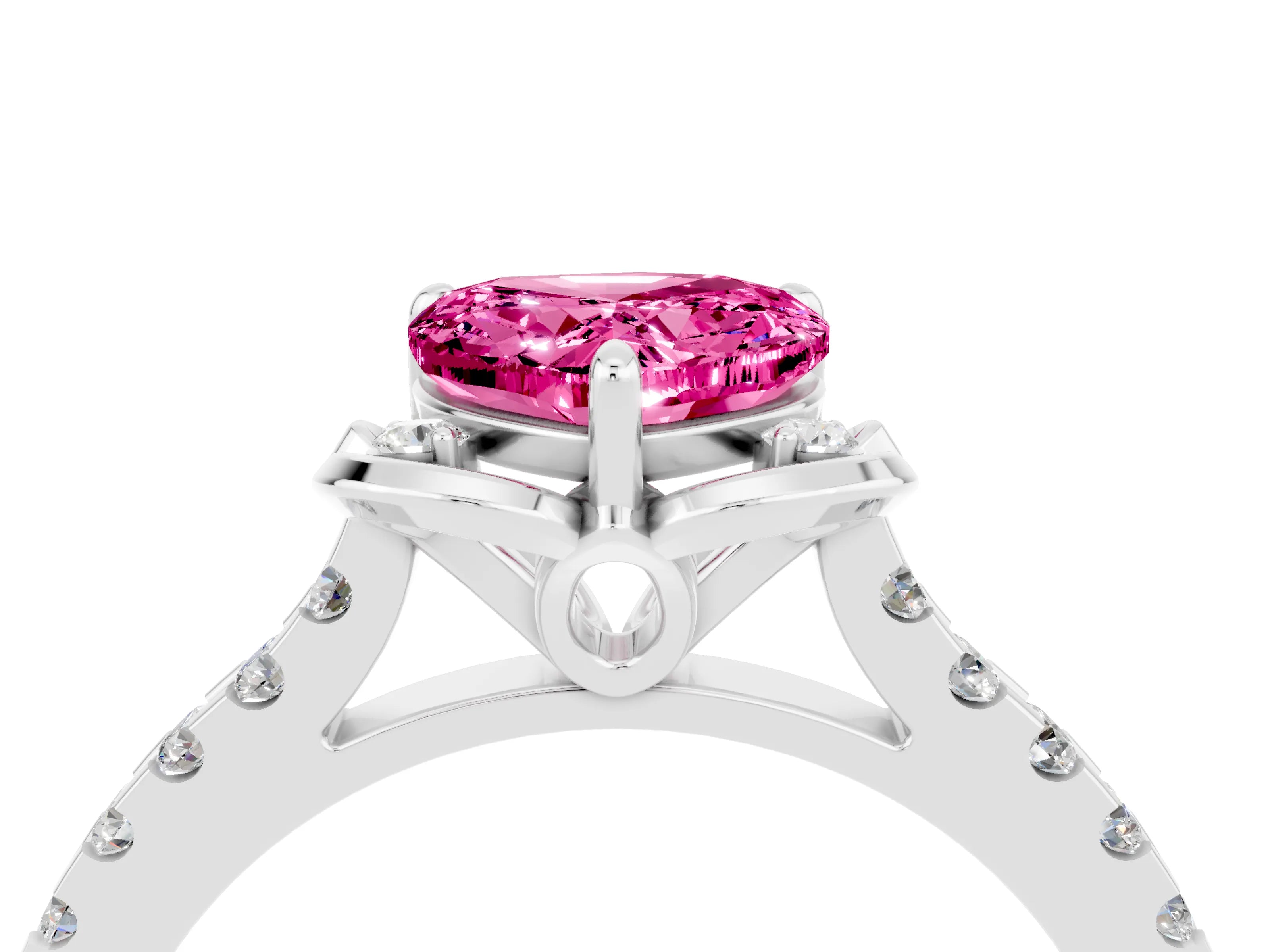 White gold Heart Cut Pink Sapphire Ring with Pavé Band and Floral Prong Setting_4
