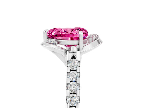 White gold Heart Cut Pink Sapphire Ring with Pavé Band and Floral Prong Setting_5
