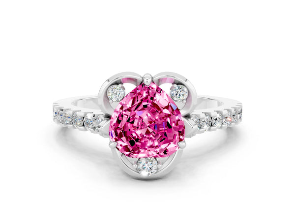 Silver Heart Cut Pink Sapphire Ring with Pavé Band and Floral Prong Setting