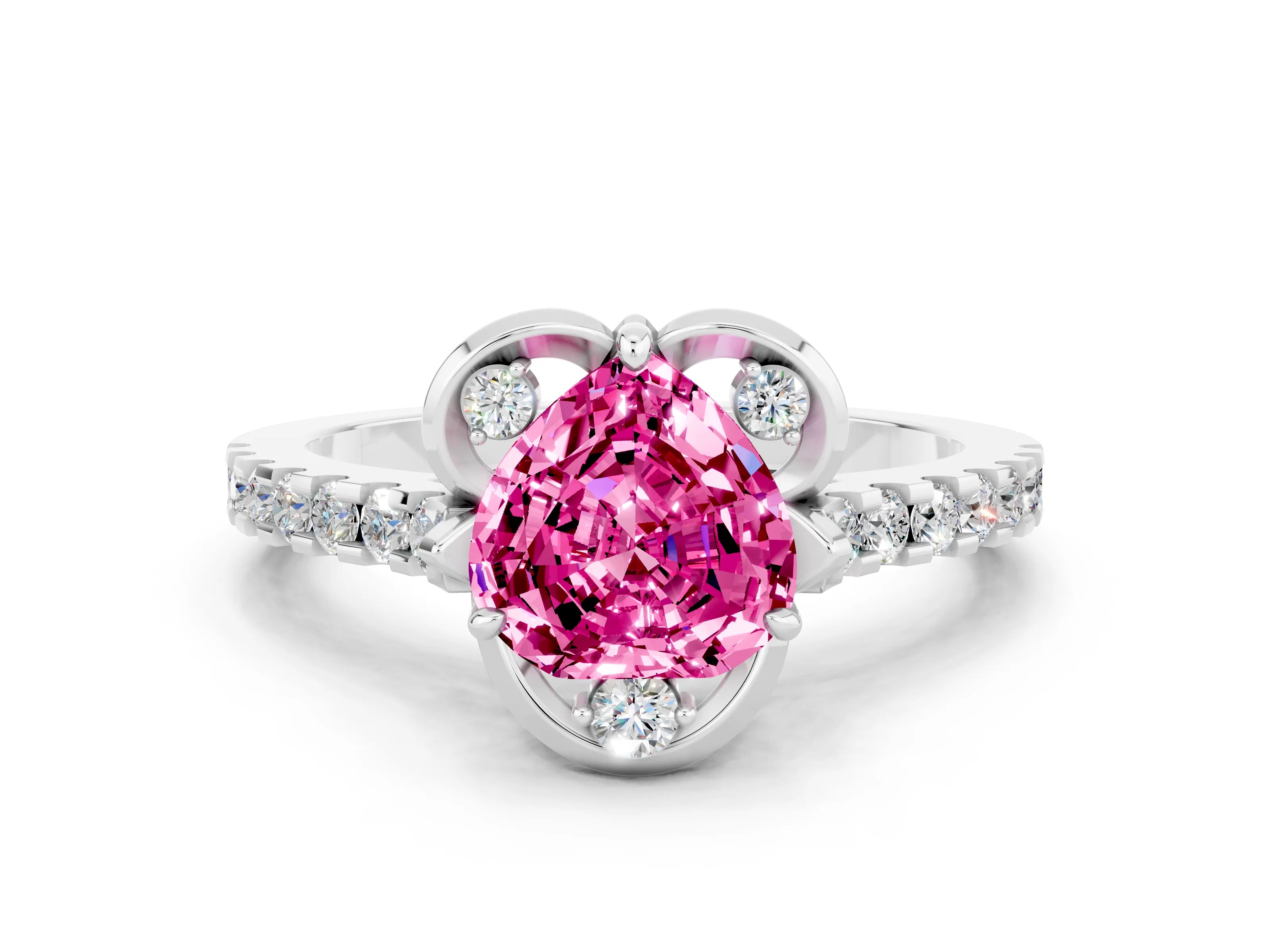 White gold Heart Cut Pink Sapphire Ring with Pavé Band and Floral Prong Setting