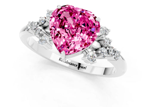 White gold Heart Cut Pink Sapphire Ring with Side Stones and Four-Prong Setting_61