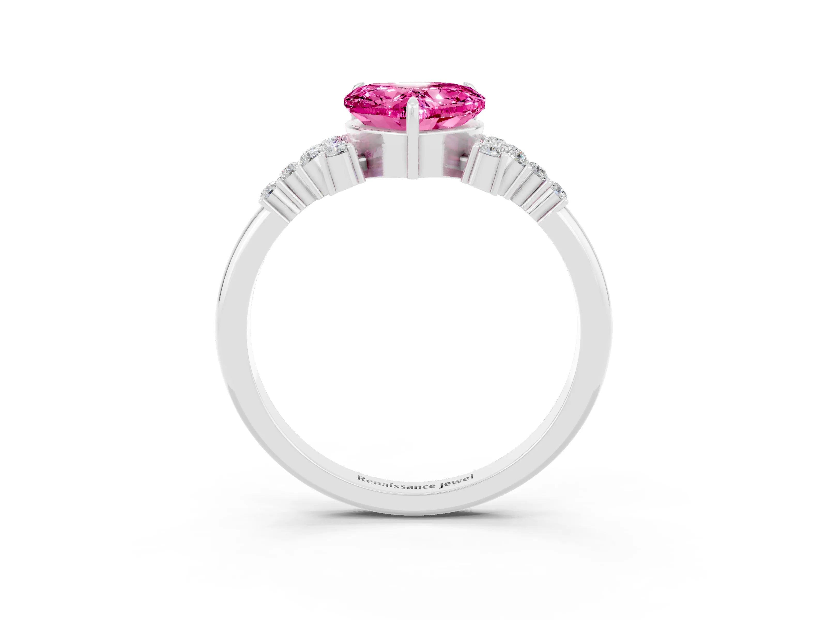 White gold Heart Cut Pink Sapphire Ring with Side Stones and Four-Prong Setting_63