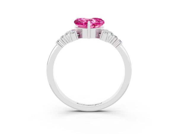 Platinum Heart Cut Pink Sapphire Ring with Side Stones and Four-Prong Setting