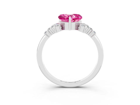 White gold Heart Cut Pink Sapphire Ring with Side Stones and Four-Prong Setting_63