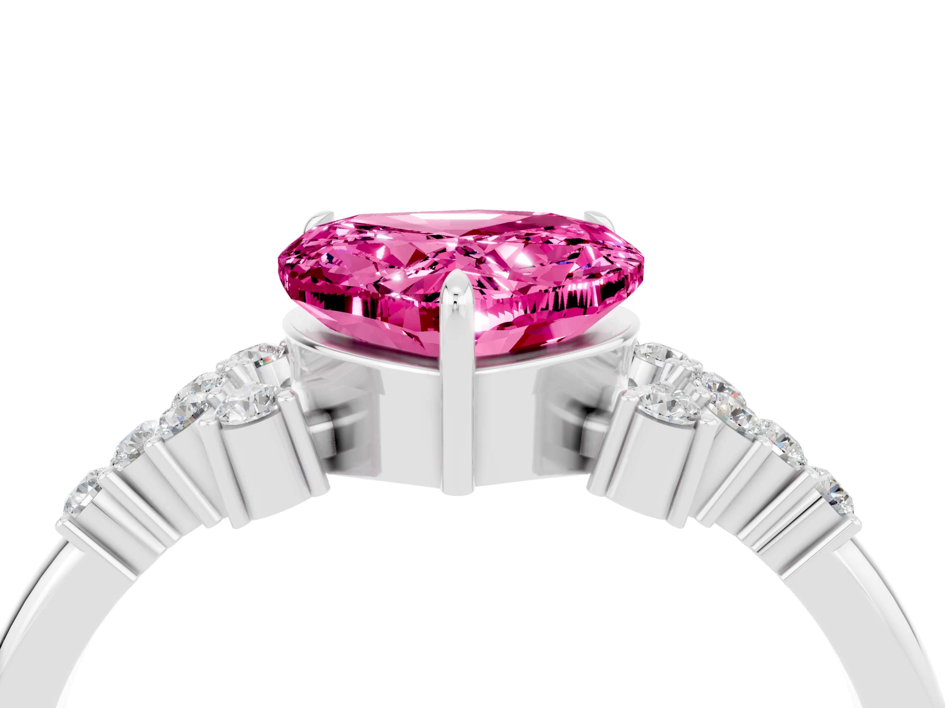 White gold Heart Cut Pink Sapphire Ring with Side Stones and Four-Prong Setting_64