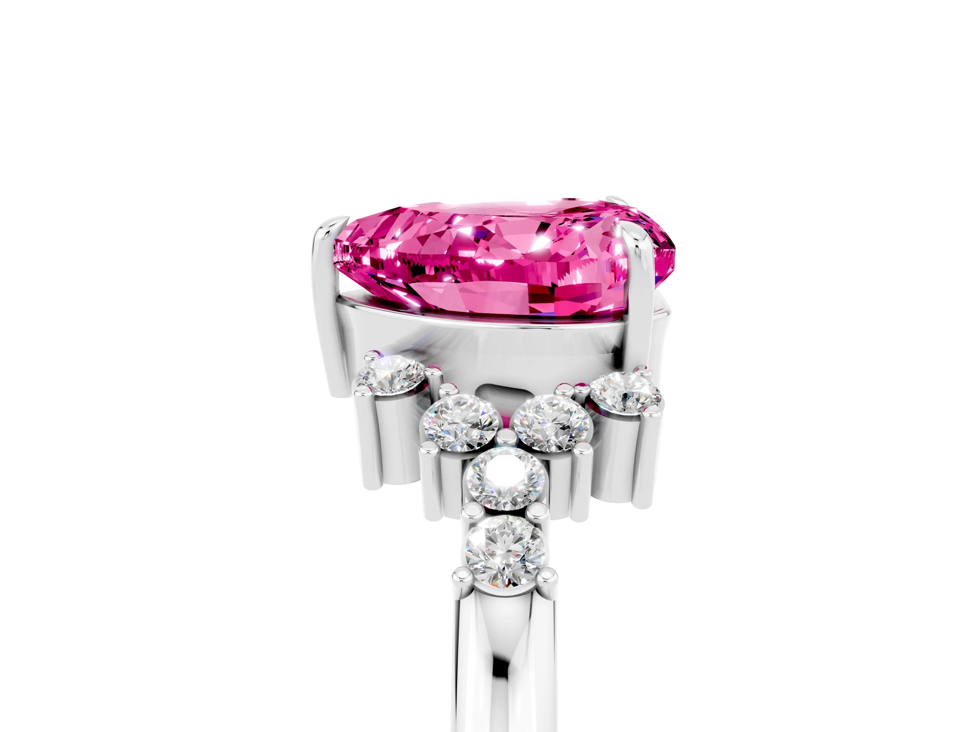 White gold Heart Cut Pink Sapphire Ring with Side Stones and Four-Prong Setting_65