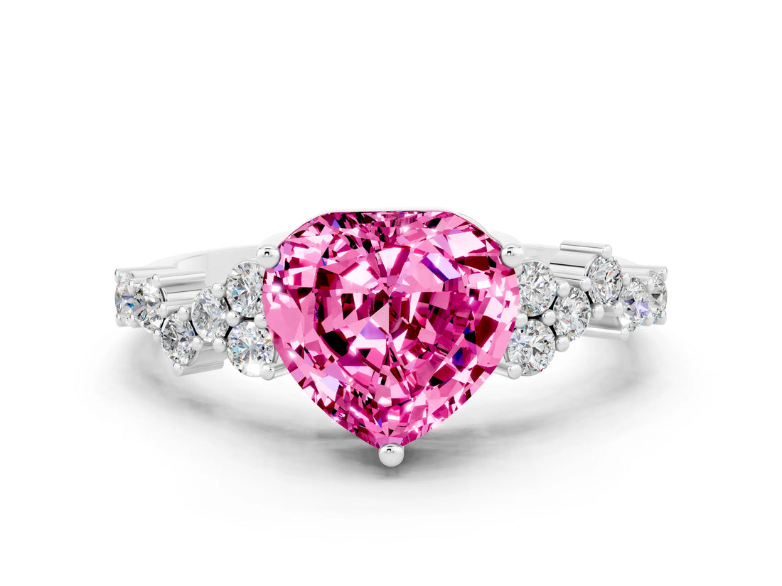 White gold Heart Cut Pink Sapphire Scattered Round Accent Ring with Prong Setting_24