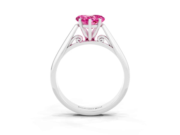 White gold Heart Cut Pink Sapphire Solitaire Engagement Ring with Cathedral Setting and Four-Prong Mount