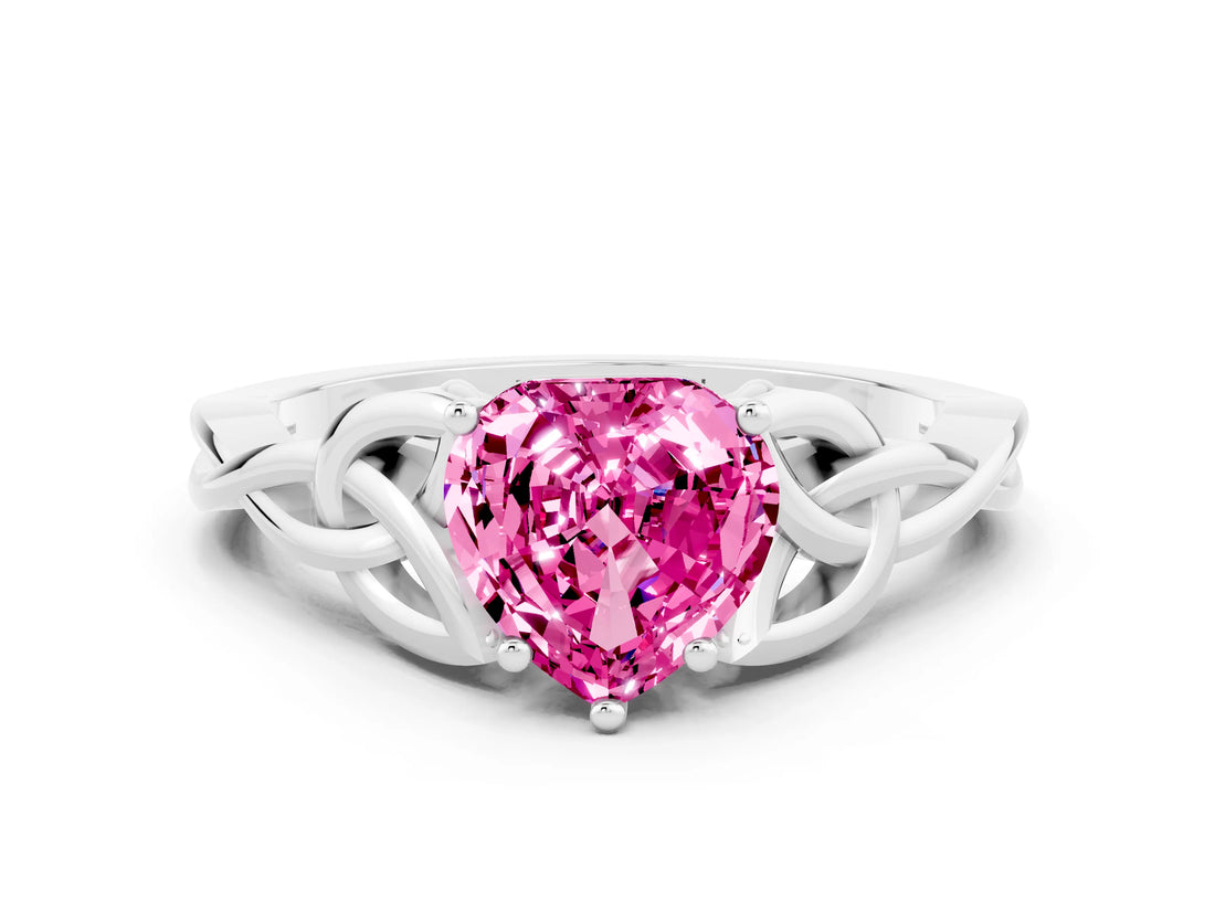 White gold Heart Cut Pink Sapphire Solitaire Engagement Ring with Celtic Knot Band and Four-Prong Setting_24