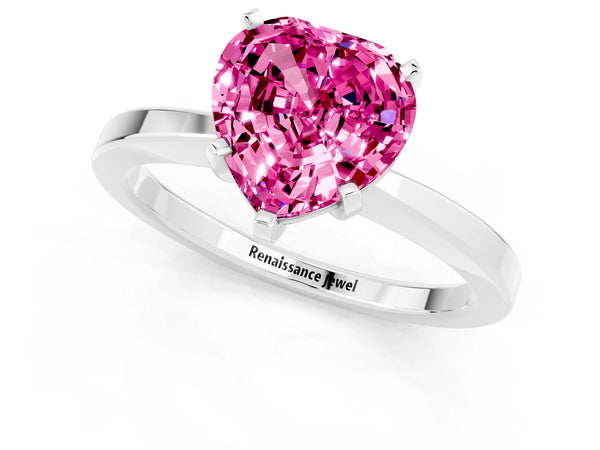 Silver Heart Cut Pink Sapphire Solitaire Engagement Ring with Classic Band and Four-Prong Setting