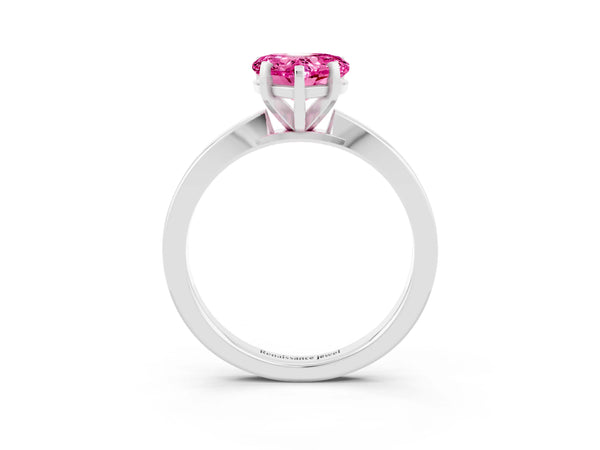 White gold Heart Cut Pink Sapphire Solitaire Engagement Ring with Classic Band and Four-Prong Setting