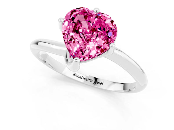 White gold Heart Cut Pink Sapphire Solitaire Engagement Ring with Four-Prong Setting and Classic Band