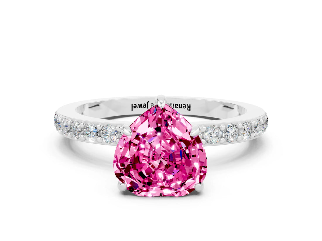 White gold Heart Cut Pink Sapphire Solitaire Engagement Ring with Pavé Band and Four-Prong Setting_24