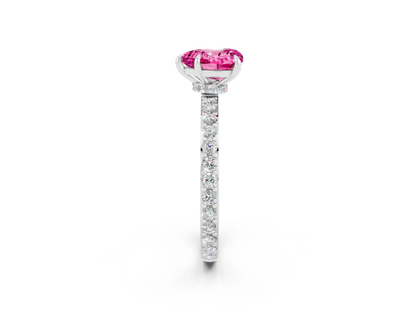 Silver Heart Cut Pink Sapphire Solitaire Engagement Ring with Pavé Band and Four-Prong Setting