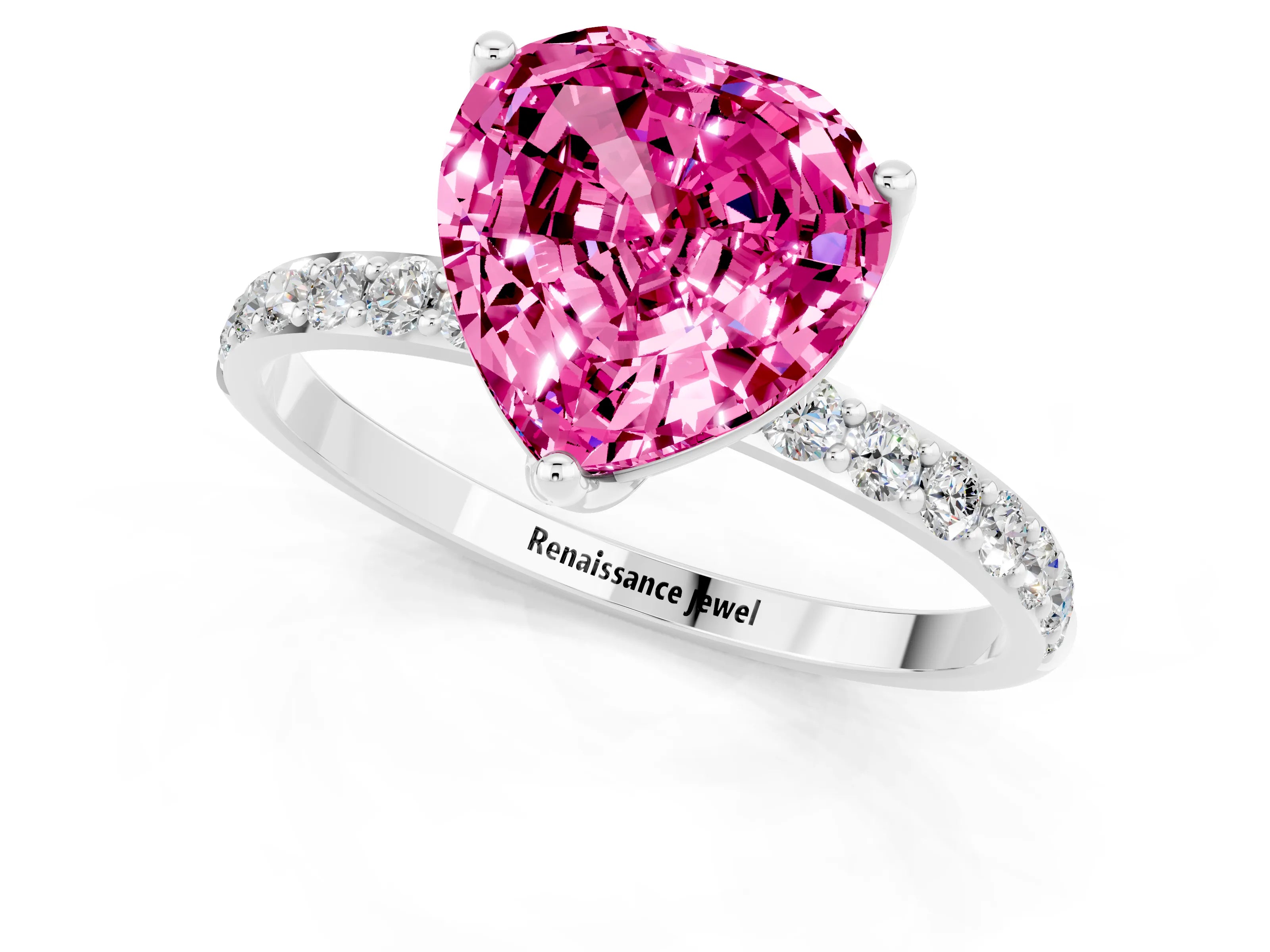 White gold Heart Cut Pink Sapphire Solitaire Engagement Ring with Pavé Band and Prong Setting_1