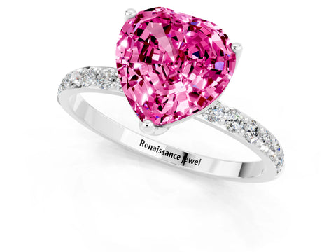 White gold Heart Cut Pink Sapphire Solitaire Engagement Ring with Pavé Band and Prong Setting_1