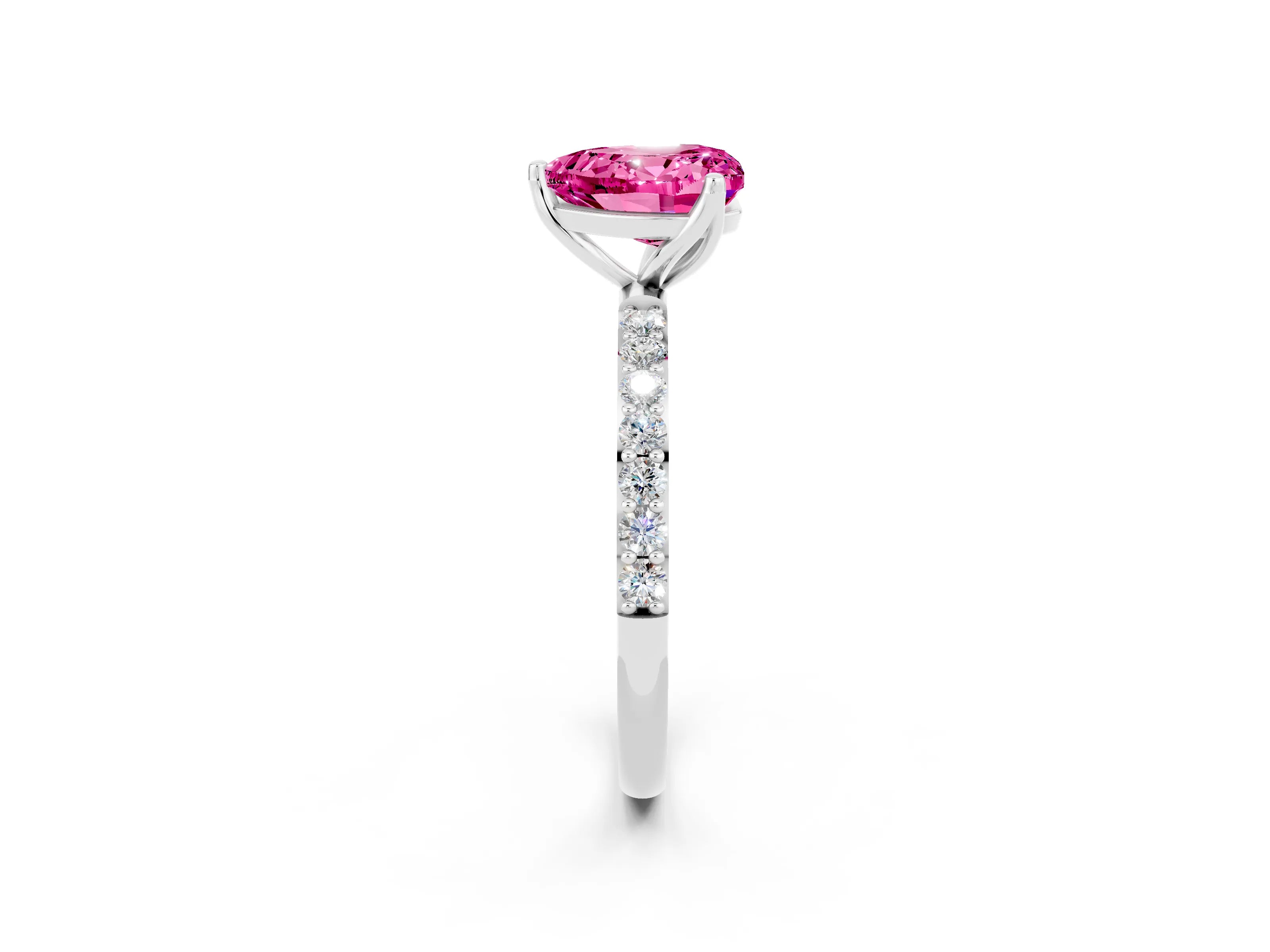 White gold Heart Cut Pink Sapphire Solitaire Engagement Ring with Pavé Band and Prong Setting_2