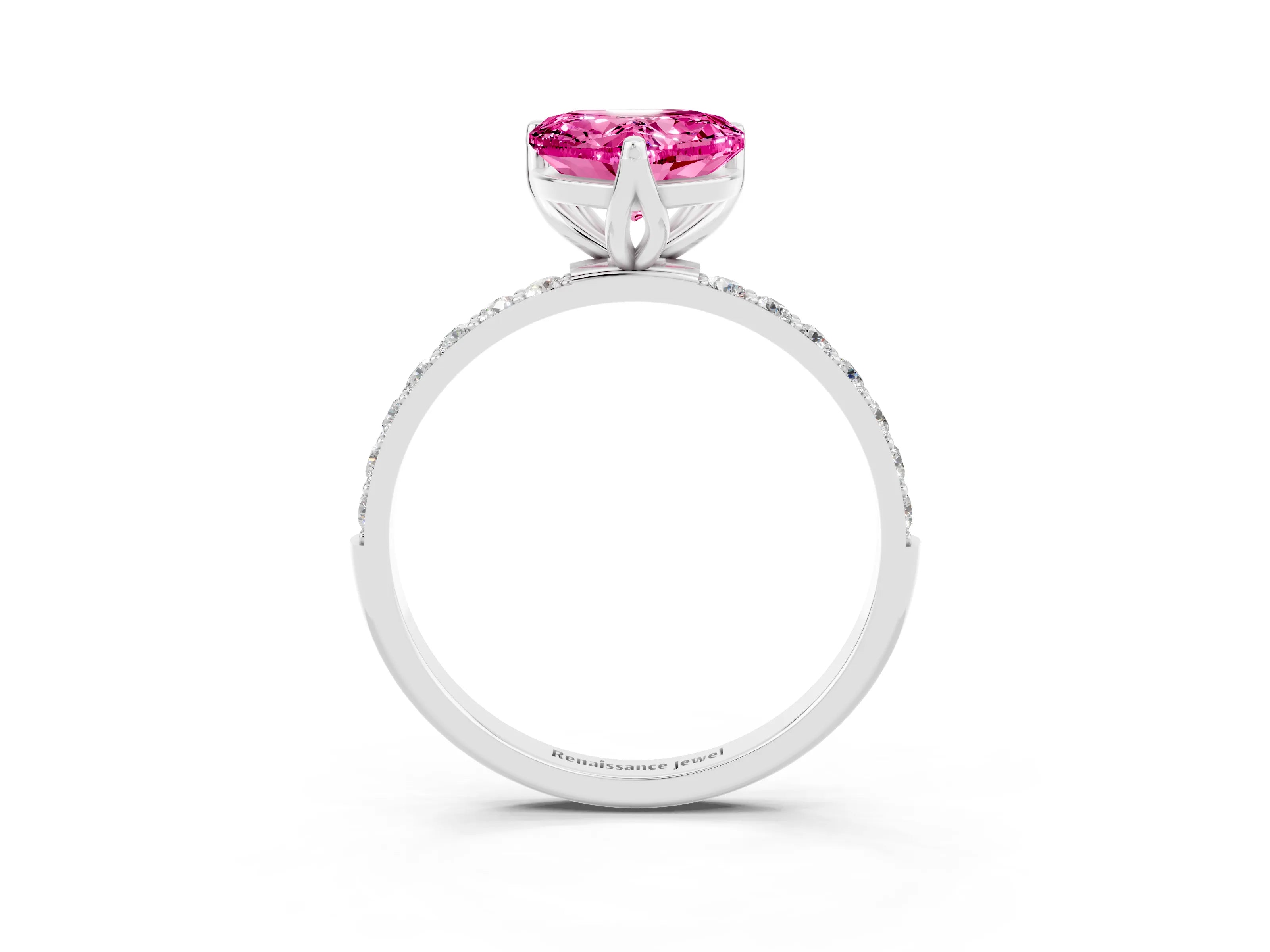 White gold Heart Cut Pink Sapphire Solitaire Engagement Ring with Pavé Band and Prong Setting_3