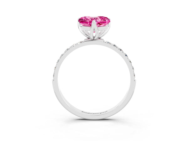 Silver Heart Cut Pink Sapphire Solitaire Engagement Ring with Round  Pavé Band and Prong Setting