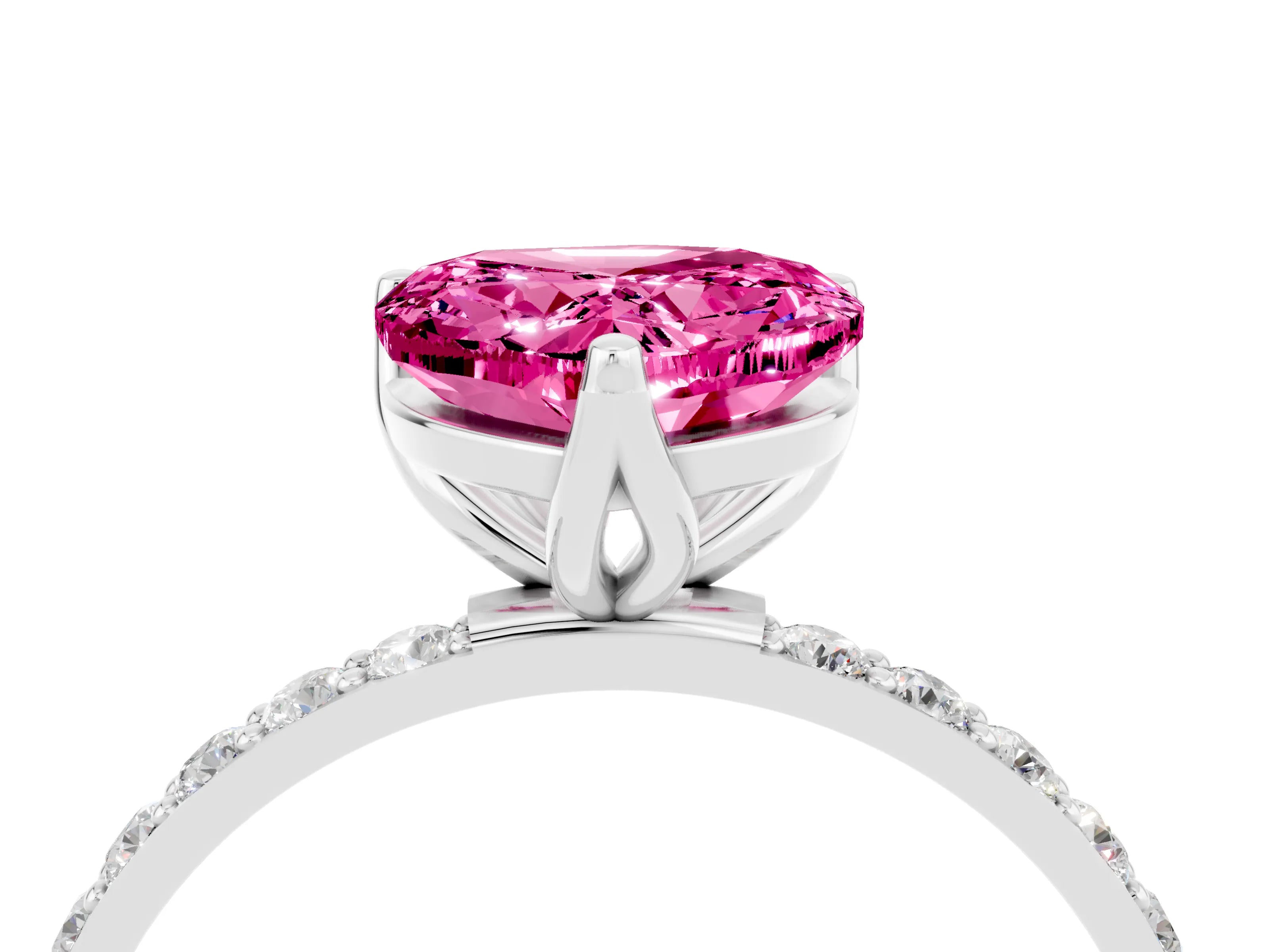 White gold Heart Cut Pink Sapphire Solitaire Engagement Ring with Pavé Band and Prong Setting_4