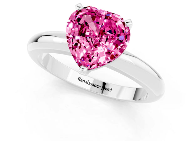 White gold Heart Cut Pink Sapphire Solitaire Engagement Ring with Round Band and Four-Prong Setting