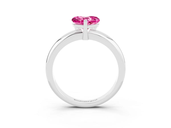 Platinum Heart Cut Pink Sapphire Solitaire Engagement Ring with Round Band and Four-Prong Setting