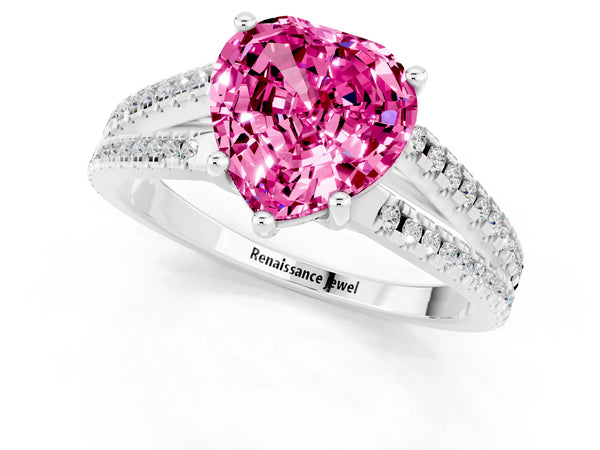Platinum Heart Cut Pink Sapphire Solitaire Engagement Ring with Split Shank Pavé Band