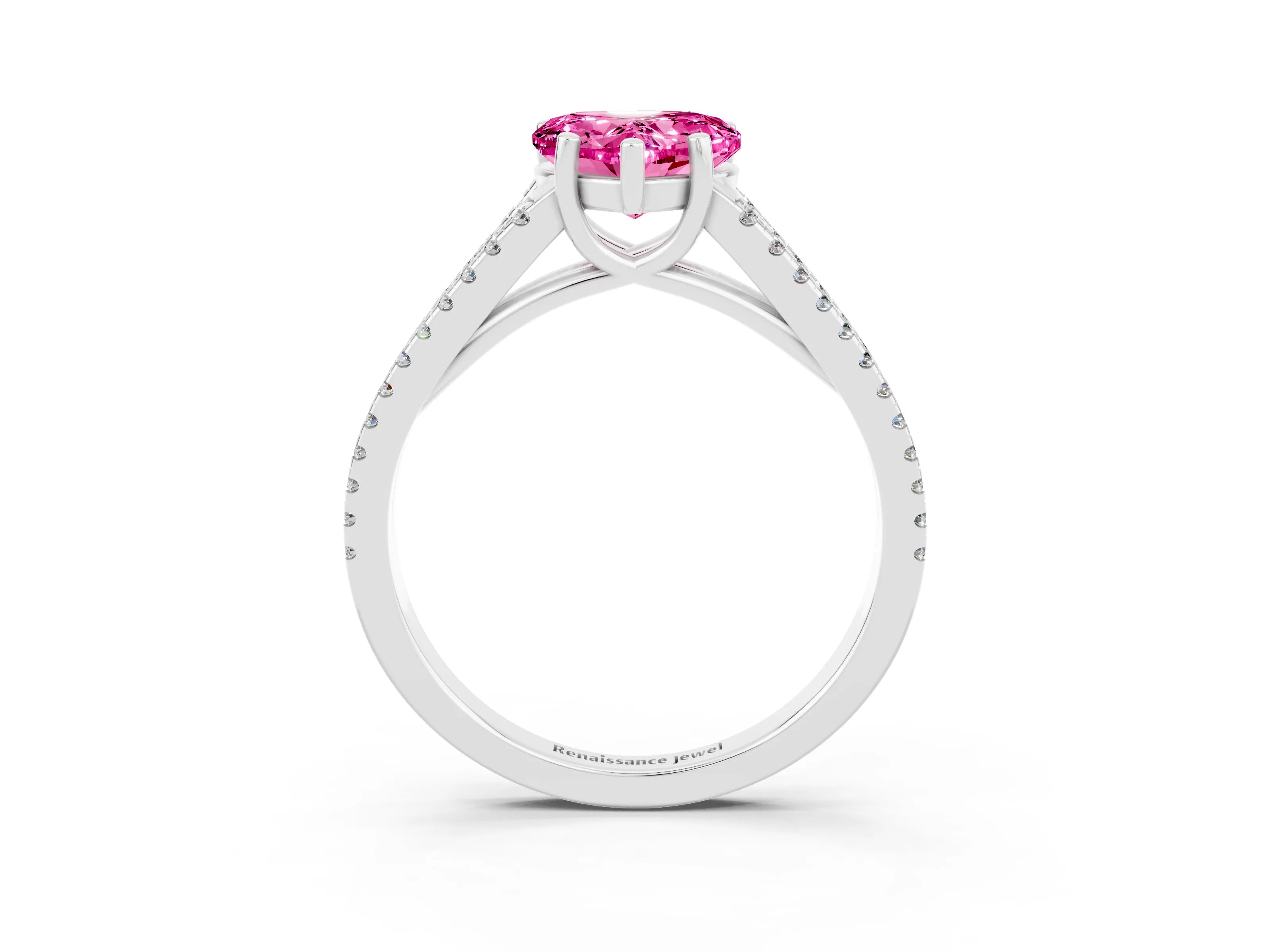 White gold Heart Cut Pink Sapphire Solitaire Engagement Ring with Split Shank Pavé Band_15