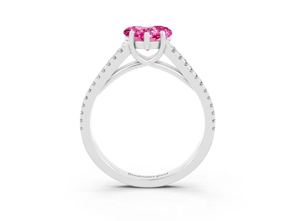 White gold Heart Cut Pink Sapphire Solitaire Engagement Ring with Split Shank Pavé Band