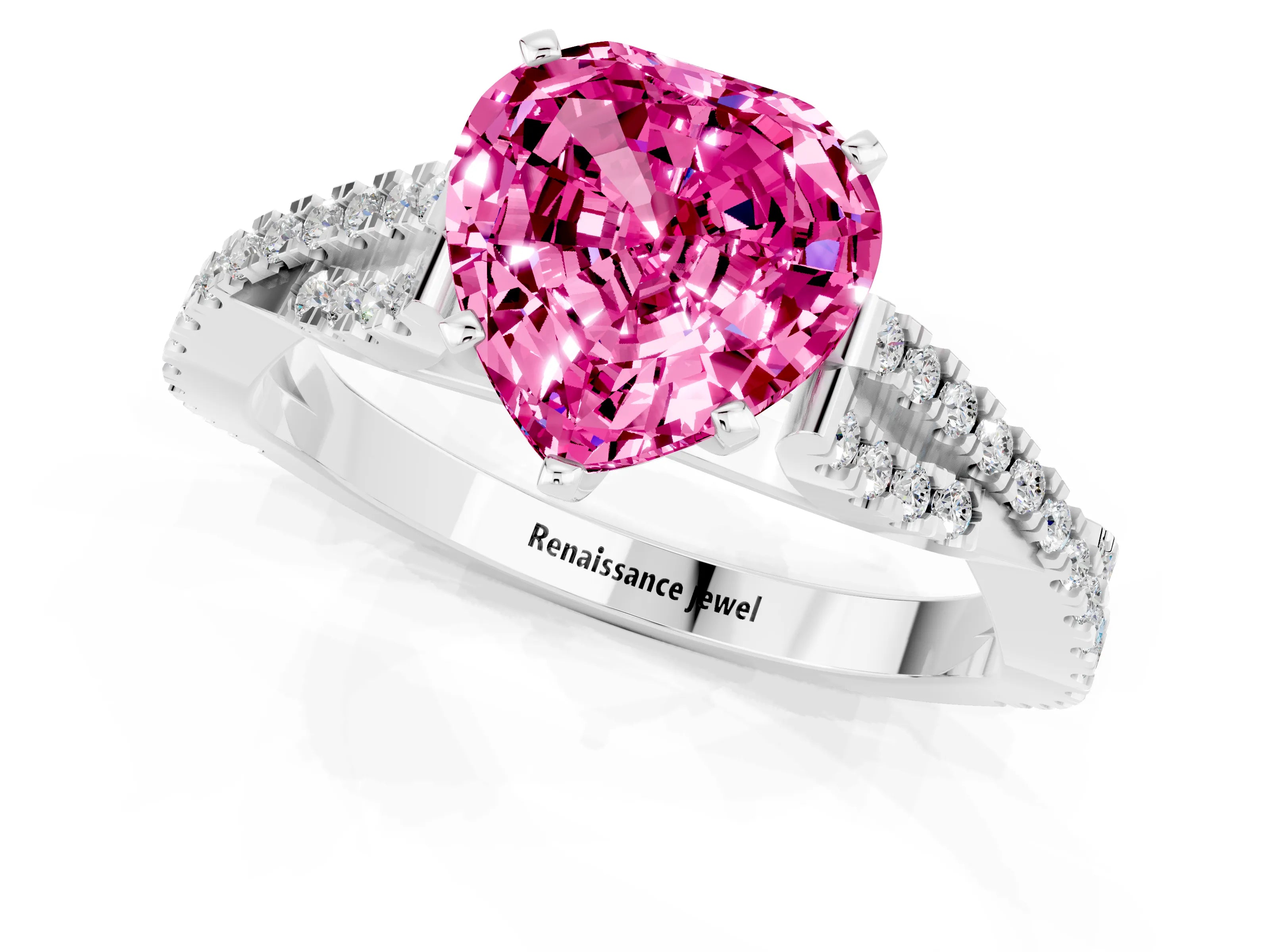 White gold Heart Cut Pink Sapphire Solitaire Engagement Ring with Twisted Pavé Band and Four-Prong Setting_25
