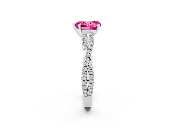 Platinum Heart Cut Pink Sapphire Solitaire Engagement Ring with Twisted Pavé Band and Four-Prong Setting