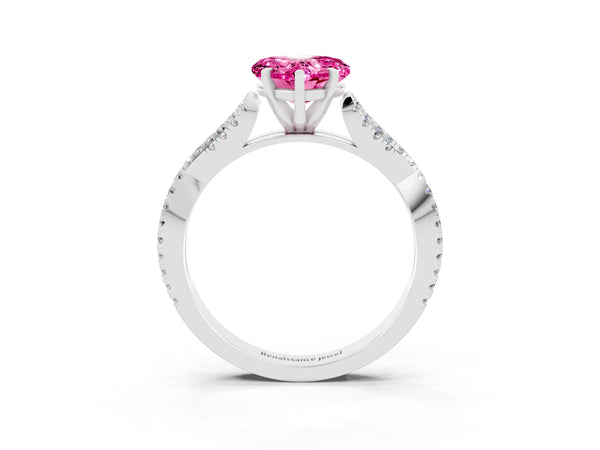 Silver Heart Cut Pink Sapphire Solitaire Engagement Ring with Twisted Pavé Band and Four-Prong Setting