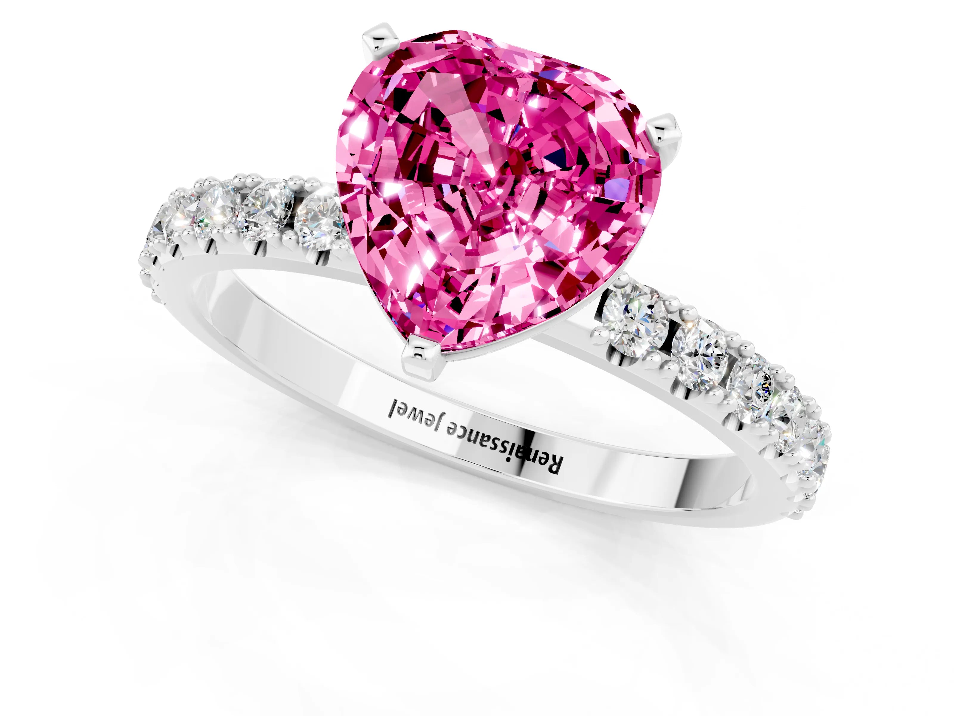 White gold Heart Cut Pink Sapphire Solitaire Pavé Band with Four-Prong Setting_25