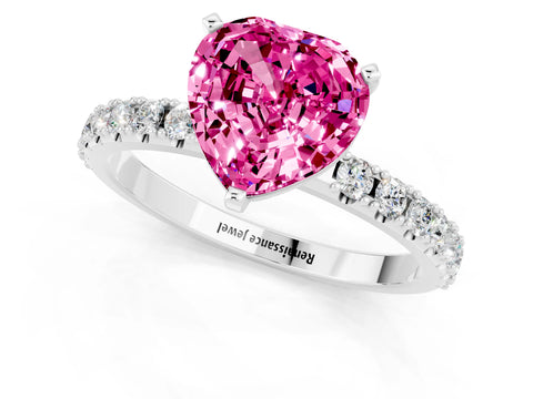 White gold Heart Cut Pink Sapphire Solitaire Pavé Band with Four-Prong Setting_25