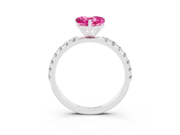 Silver Heart Cut Pink Sapphire Solitaire Pavé Band with Four-Prong Setting