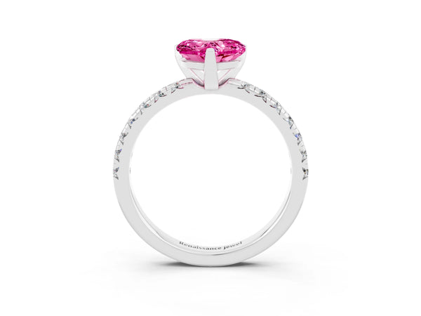 Platinum Heart Cut Pink Sapphire Solitaire Pavé Engagement Ring with Round Band and Prong Setting