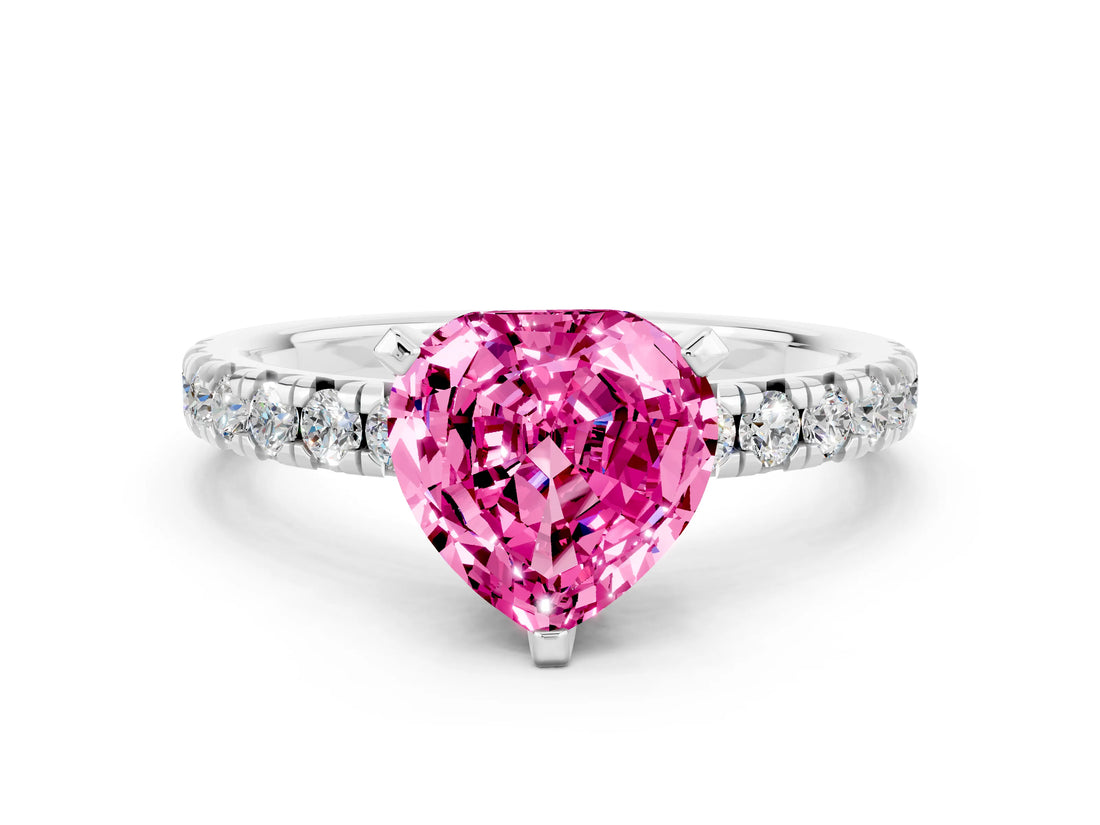 White gold Heart Cut Pink Sapphire Solitaire Pavé Engagement Ring with Round Band and Prong Setting_78