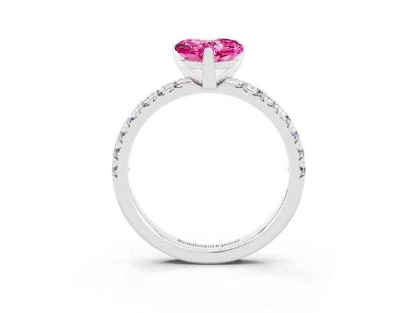 White gold Heart Cut Pink Sapphire Solitaire Pavé Engagement Ring with Round Band and Prong Setting