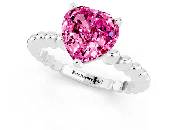 White gold Heart Cut Pink Sapphire Solitaire Ring with Beaded Band and Prong Setting