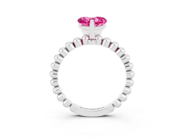 White gold Heart Cut Pink Sapphire Solitaire Ring with Beaded Band and Prong Setting