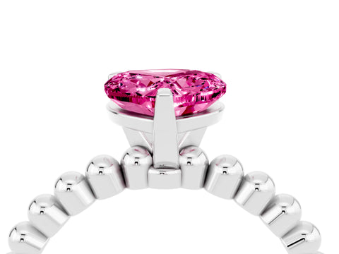 White gold Heart Cut Pink Sapphire Solitaire Ring with Beaded Band and Prong Setting_16