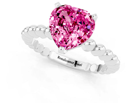 White gold Heart Cut Pink Sapphire Solitaire Ring with Beaded Band and Prong Setting_1